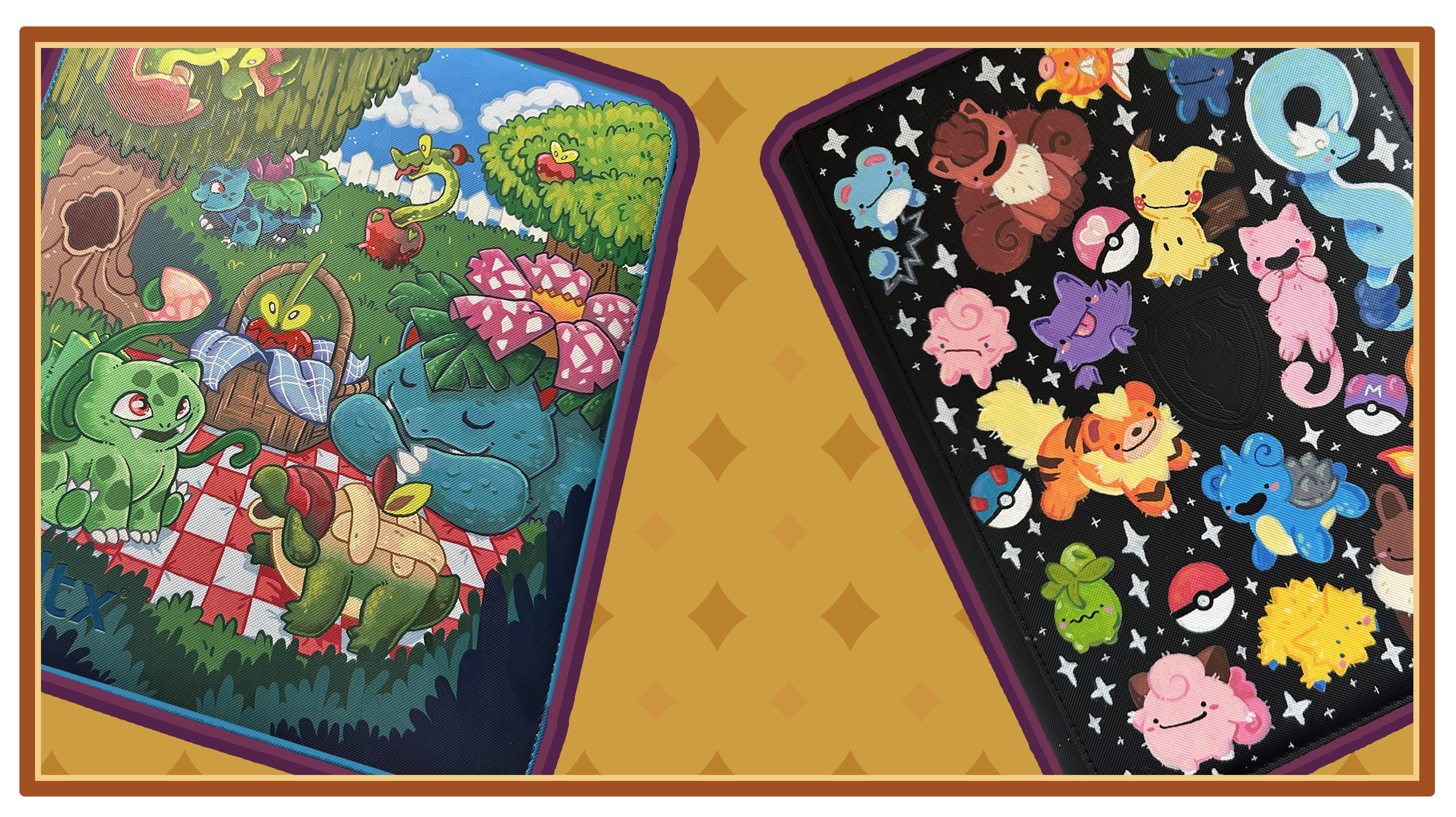 Two custom painted binders positioned in front of a golden patterned background. The left binder features a colorful outdoor picnic scene with cartoon creatures, and the right binder has a black background with multiple colorful cartoon characters and sparkly motifs.