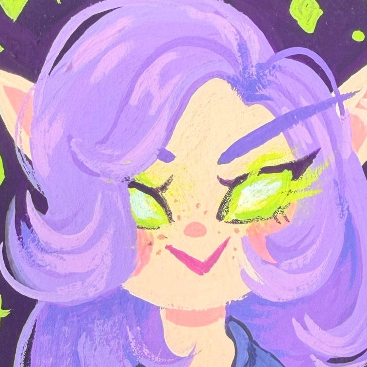 A square painted artwork featuring a stylized purple-haired character with green eyes on a dark purple background, placed outdoors on green clover and grass.